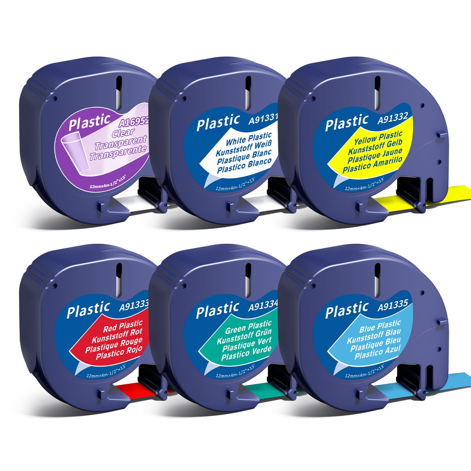 Label KINGDOM Compatible with Dymo LetraTag Refills Plastic Black on Clear/White/Yellow/Red/Green/Blue Color Combo Set 1/2" x 13' Label Tape for