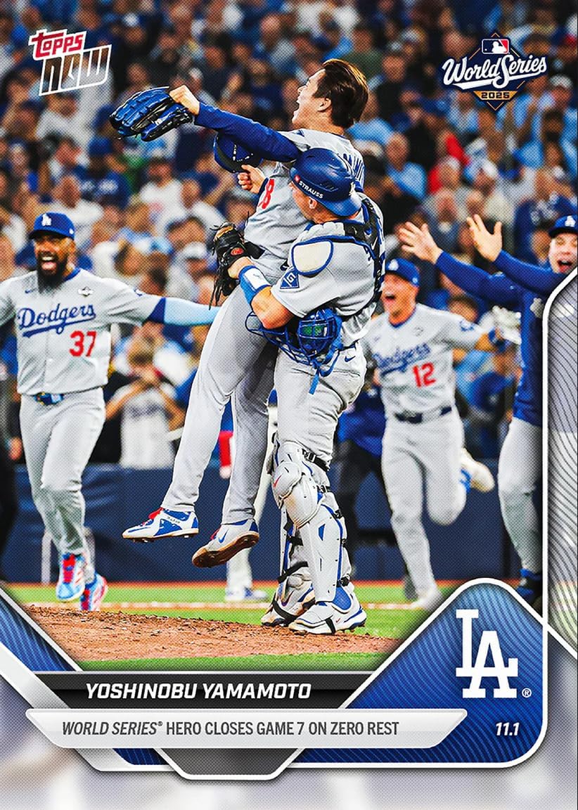 2025 Topps Now Yoshinobu Yamamoto #925 World Series Hero Closes Game 7 on Zero Rest Los Angeles Dodgers Baseball Card