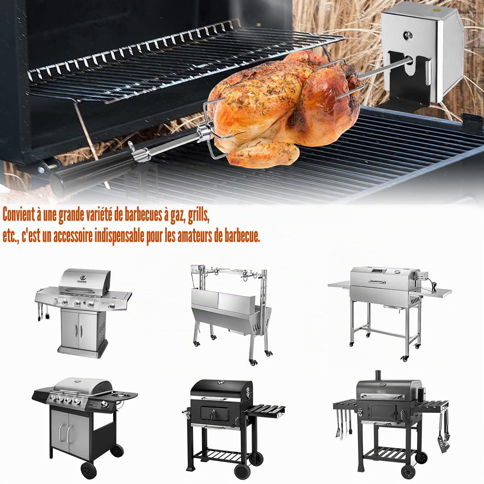 Kit ACXIN de tournebroche en acier inoxydable 107 cm, moteur, aiguilles à viande, rôtissoire électrique, grille de cuisson 2 fourchettes, camping, fête, jardin