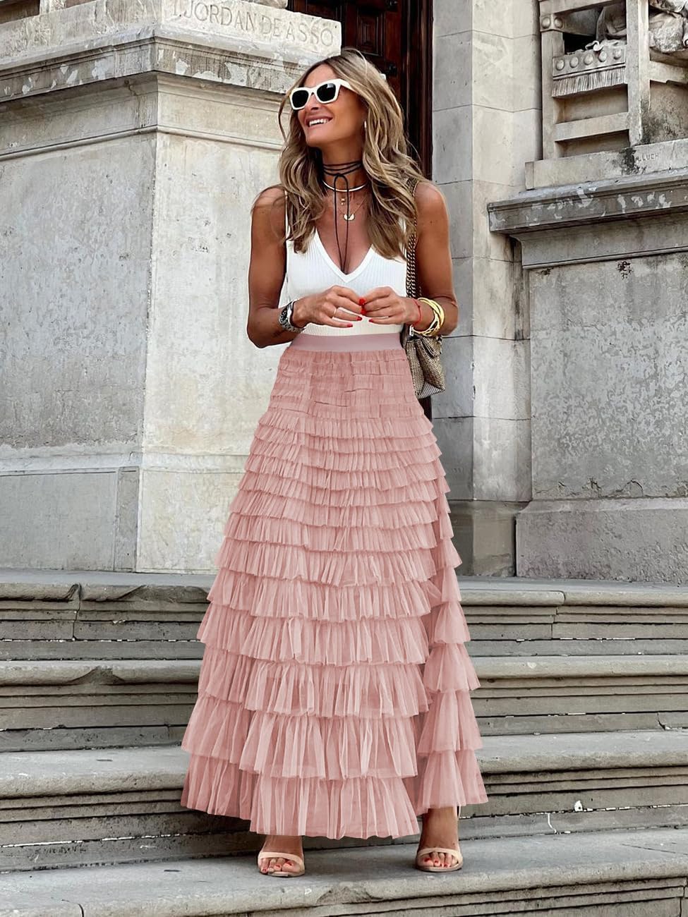 Womens Long Tulle Skirt A Line Ruffle Tiered Layered Skirts High Waisted Flowy Fairy Maxi Skirts - Image 2