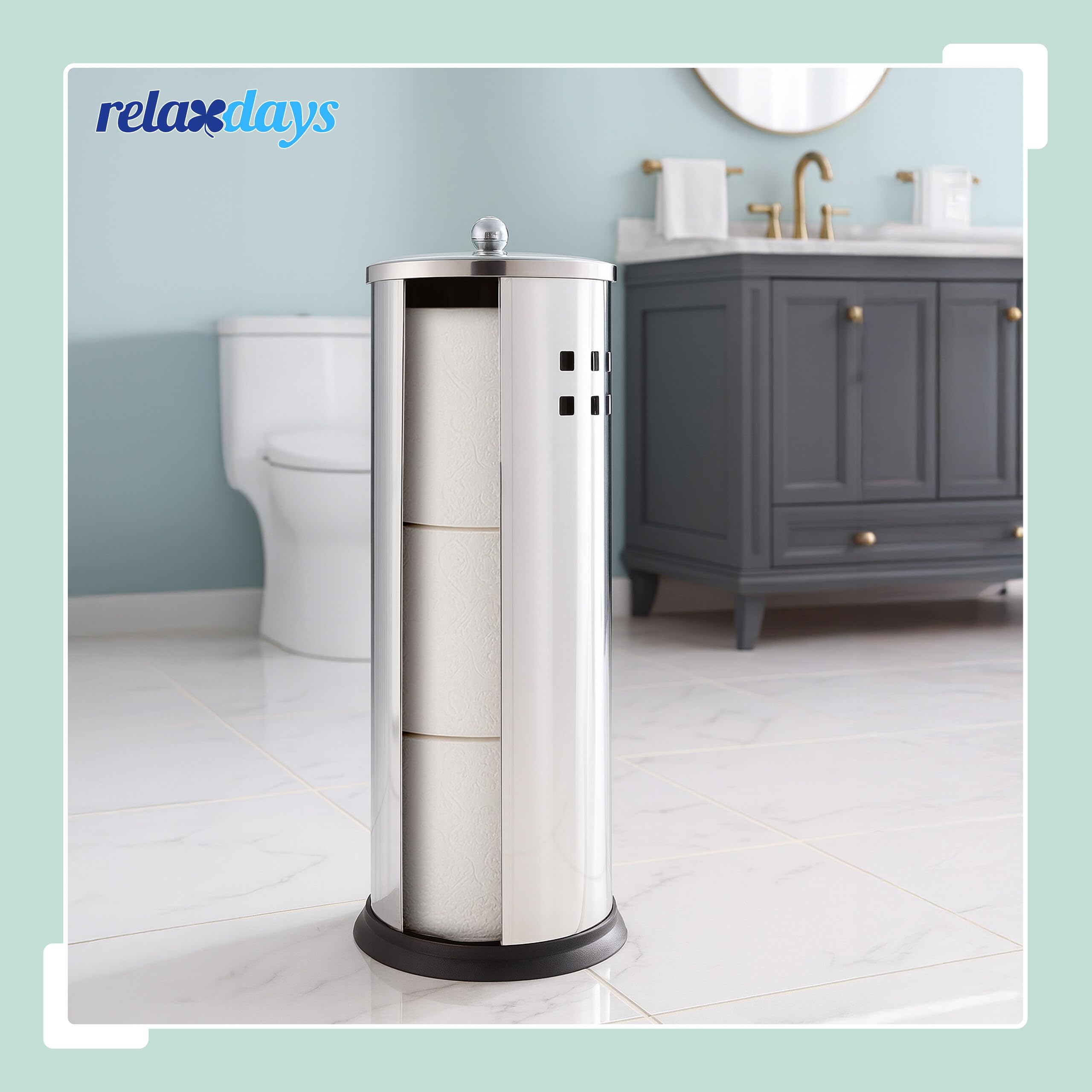 Relaxdays Toilettenpapier Aufbewahrung, 3 Rollen, HxD: 37 x 14,5 cm, Edelstahl, Reserverollenhalter stehend, Silber