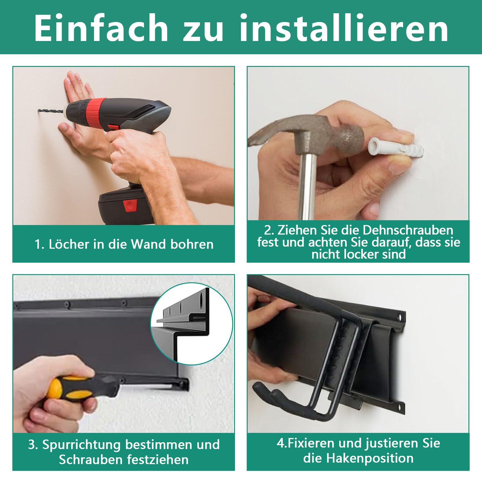Gerätehalter Wandhalterung, 200cm Gartengerätehalter Metall mit 5 Schienen, Besenhalterung Wand mit 15 Verstellbaren Metallhaken, Tool Organizer Wandhalterung für Besen, Schaufel, Gartengeräte