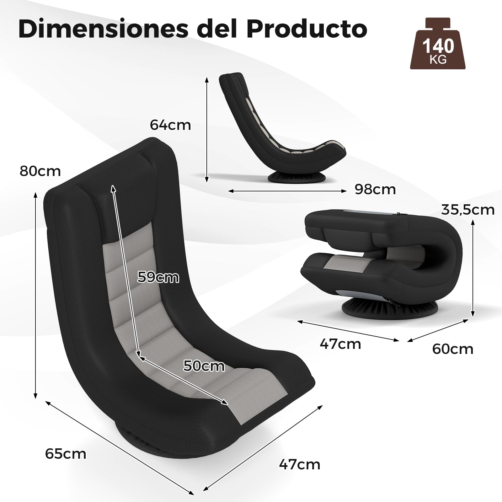 COSTWAY Silla de Suelo Giratoria 360°, Silla de Juego con Respaldo Ajustable en 4 Posiciones, Sofá Perezoso con Soporte Integral, Base de Metal, Silla de Piso para Lectura y Videojuegos (Gris)