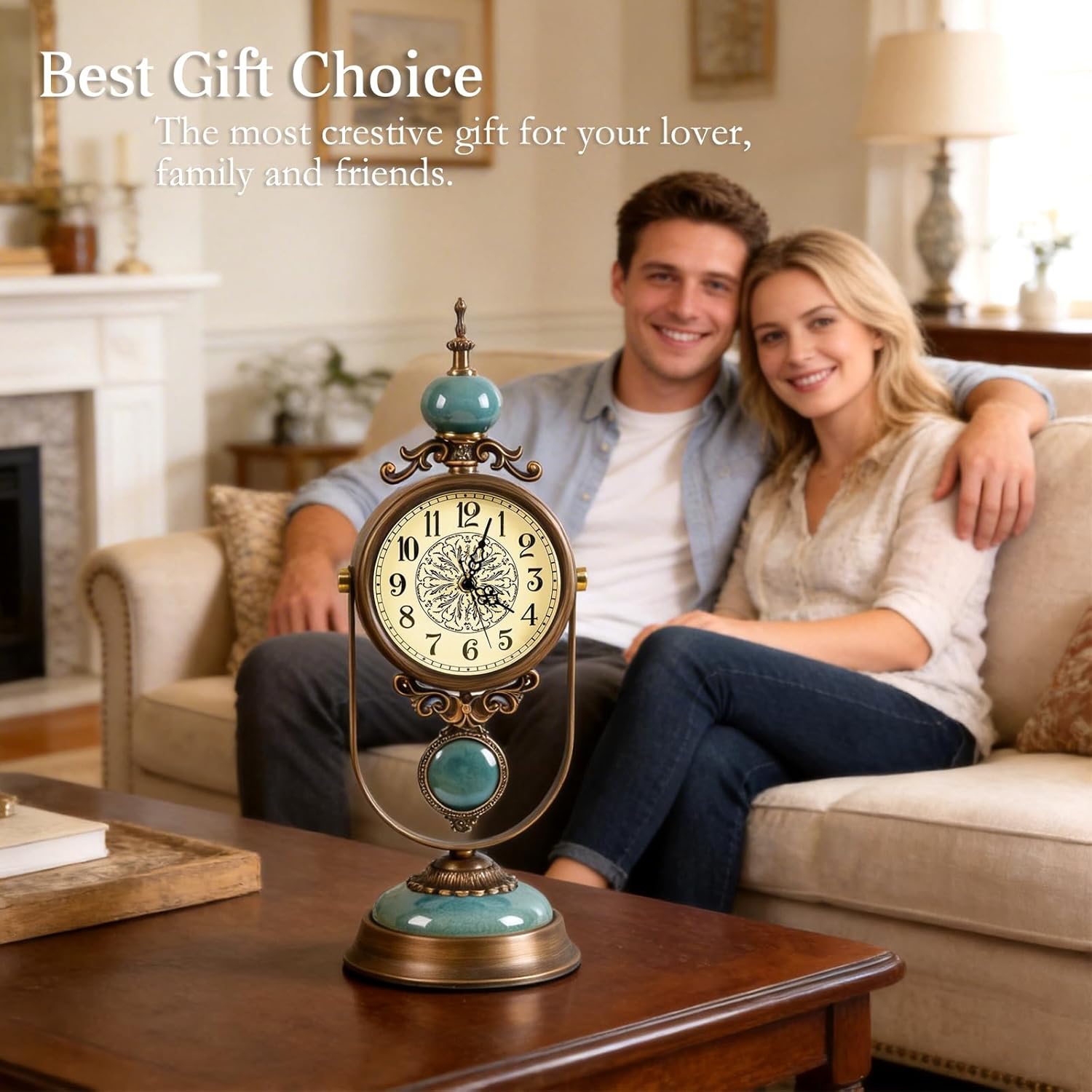 Large Mantel Clock for Fireplace, Silent Vintage Table Clock, Decorative Blue Glazed Ceramic Metal Frame Pendulum Desk Clock for Farmhouse & Living Room Decor, Ideal Housewarming Gift, 19.3 inch