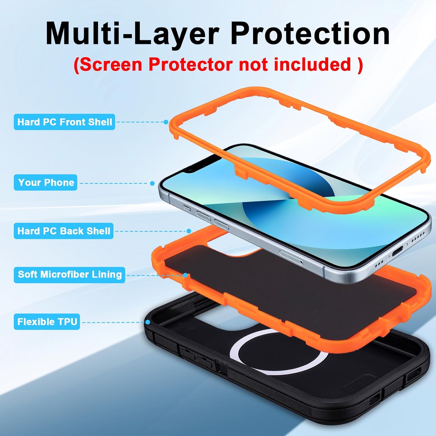 for iPhone 13 Case with Belt Clip Holster, [Compatible with MagSafe] Heavy Duty Military Grade Drop Protection, 3-Layer Rugged Shockproof for iPhone 13 Case with Kickstand, 6.1 Inch (Black+Orange)