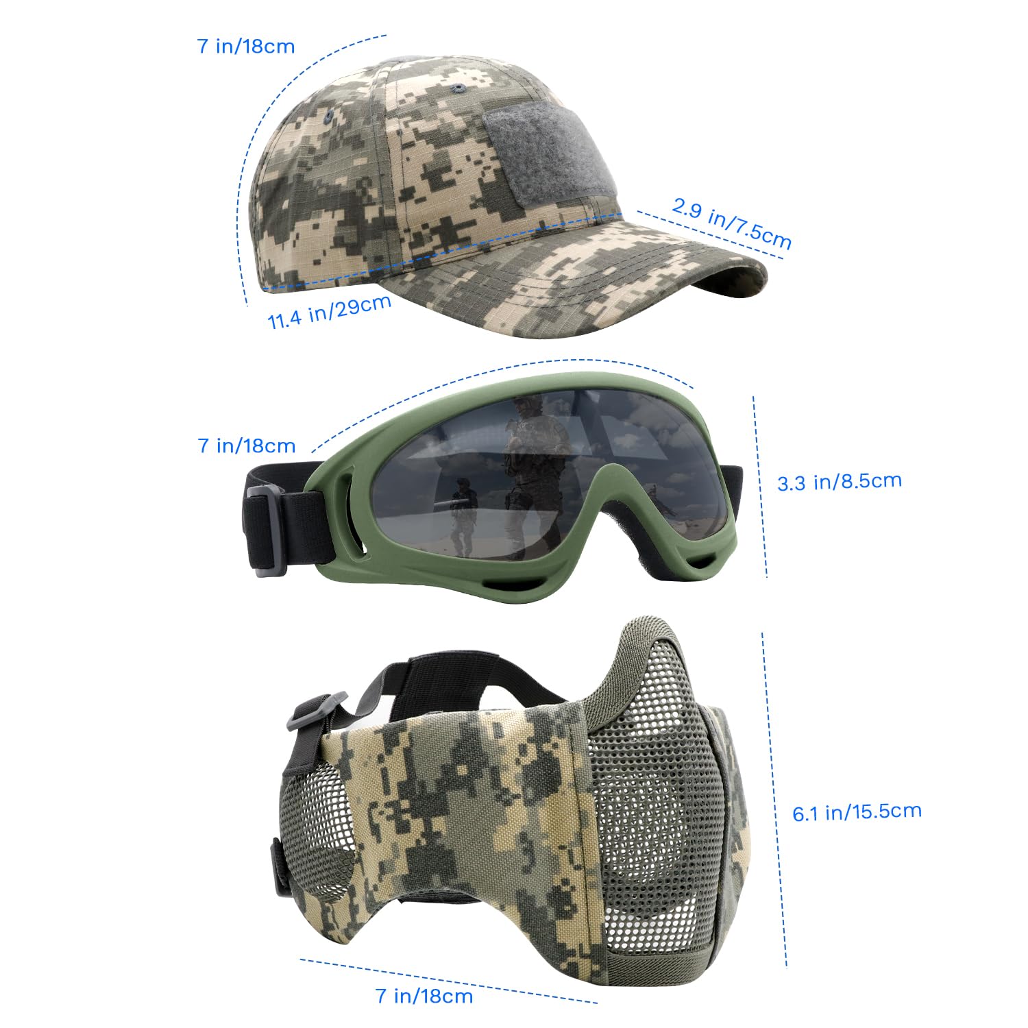 Maschera Airsoft con occhiali, pieghevole mezza faccia Airsoft Mesh Mask con protezione per le orecchie per Paintball Shooting Cosplay CS Game