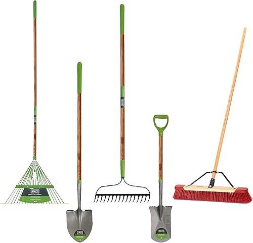 Miniatura 1 de AMES Kit de herramientas de mango largo para propietarios de viviendas de 5 piezas con rastrillo de césped, pala de excavación, rastrillo de jardín,