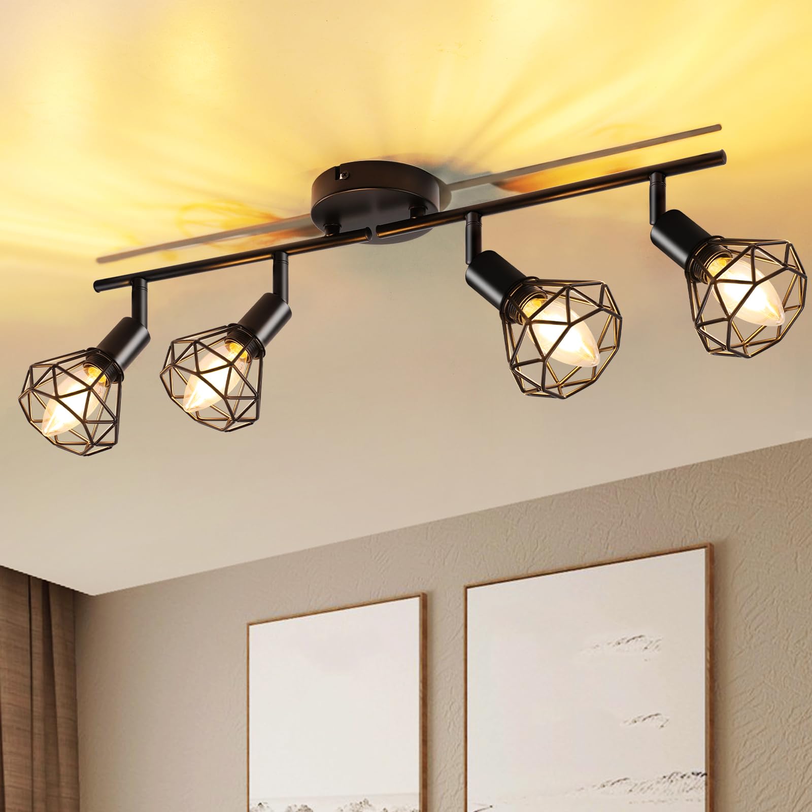 GeyouLux Deckenstrahler 4 Flammig Deckenlampe LED Deckenleuchte Schwenkbar 350° Deckenspots Schwarz E14 Küchenlampe Retro Lampe für Küche Wohnzimmer Flur Schlafzimmer Ohne Leuchtmittel