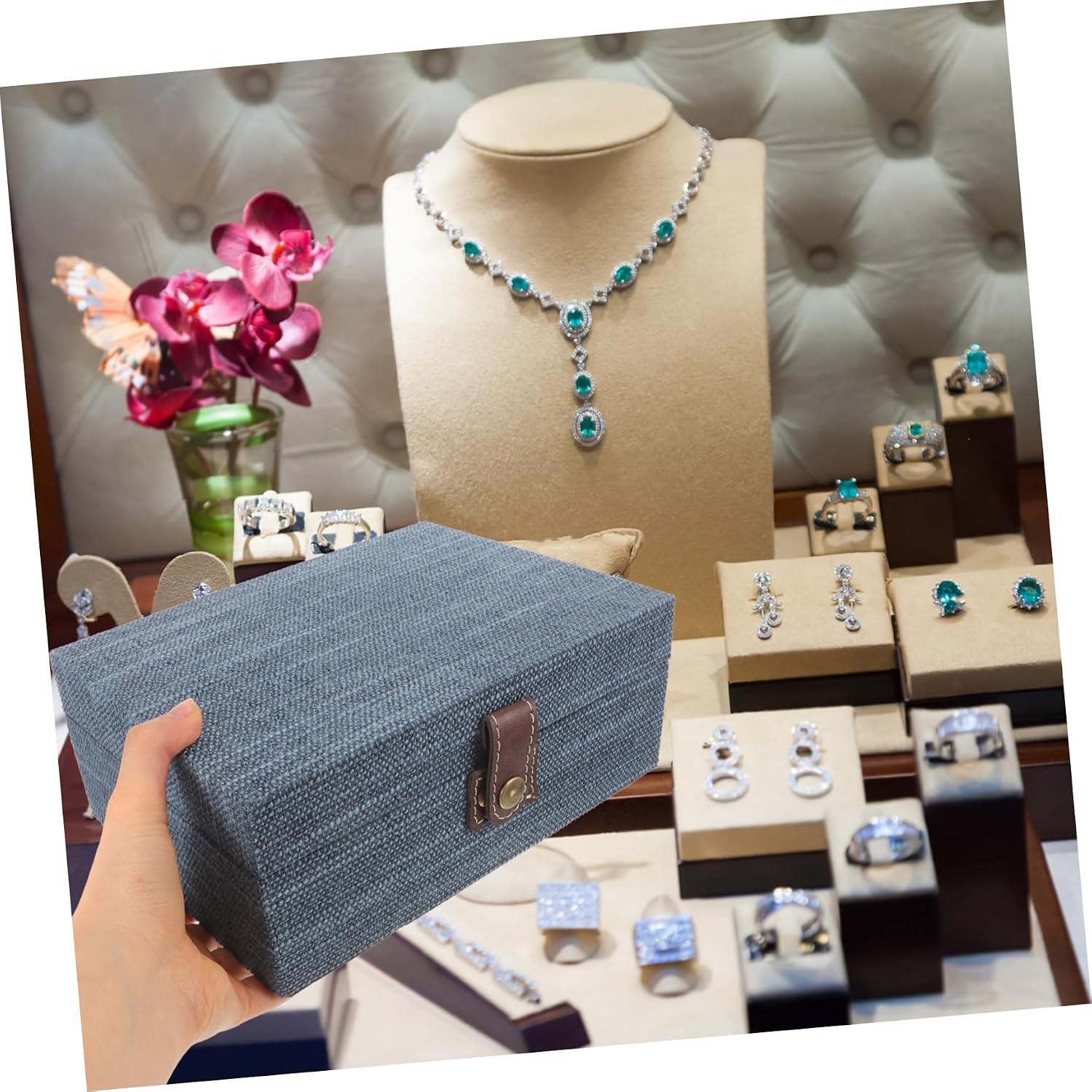 Retro Japanese Style Jewelry Storage Case with Solid Color Linen Texture Large Desktop Organizer Box for Necklaces Rings Accessories Elegant Decorative Storage for Giving image 4