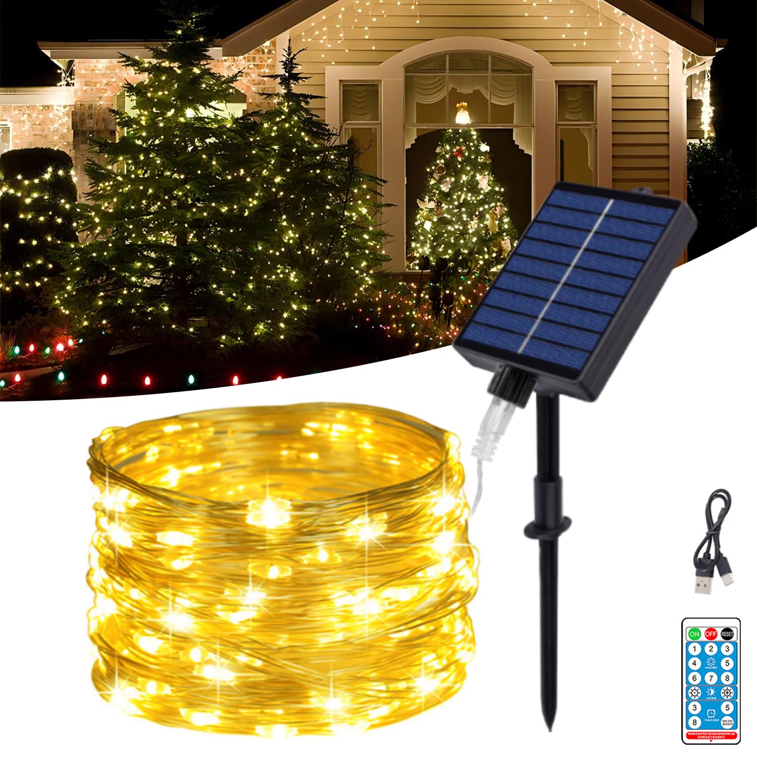 MOLVCE Solar Lichterkette Aussen, 30M 300LED Lichterkette Außen Solar, Kupferdraht Solarlichterkette IP65 Wasserdicht mit 8 Modi und Fernbedienung, Solarlichterkette für Balkon, Hof, Warmweiß