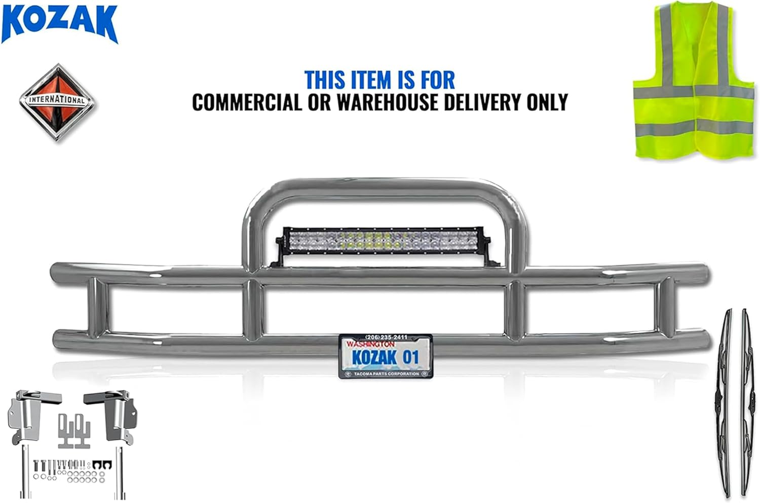 Compatible with International Prostar Front Grille Deer Moose Brush Guard with 22" LED Light bar with Mounting Brackets PLUS Logo, License Plate Holder and Frame, 2x 22'' Wipers, Vest