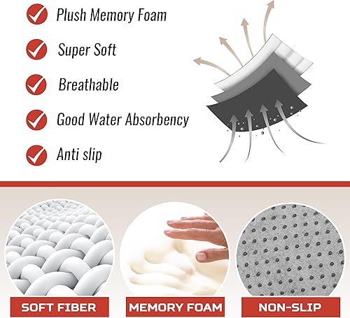 Miniatura 7 de Alfombra de baño de lujo, 1 alfombra de baño de espuma viscoelástica, antideslizante y ultrasuave, altamente absorbente, fácil de limpiar, color