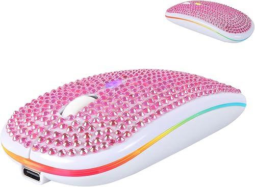 Miniatura 1 de Ratón inalámbrico Bluetooth lindo rosa brillante cristal Rhinestone ratón de computadora con luz LED 2.4GHz y Bluetooth Dual Mode recargable