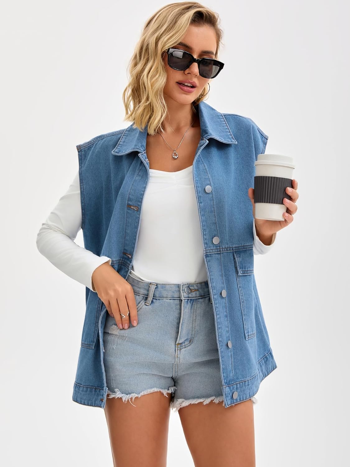 Womens Long Denim Vest Button Down Oversized Sleeveless Utility Jean Jacket - Image 6