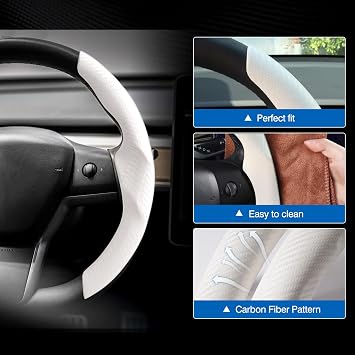Canvcle Tesla, Telsa Model 3 / Y Karbon Fiber Direksiyon Kılıfı Erkek/Kadın için Özel Montajlı Direksiyon Kılıfı, Kaymaz, Rahat Tutuş, Nefes Alabilir, Model 3 / Y Aksesuarları (Beyaz)