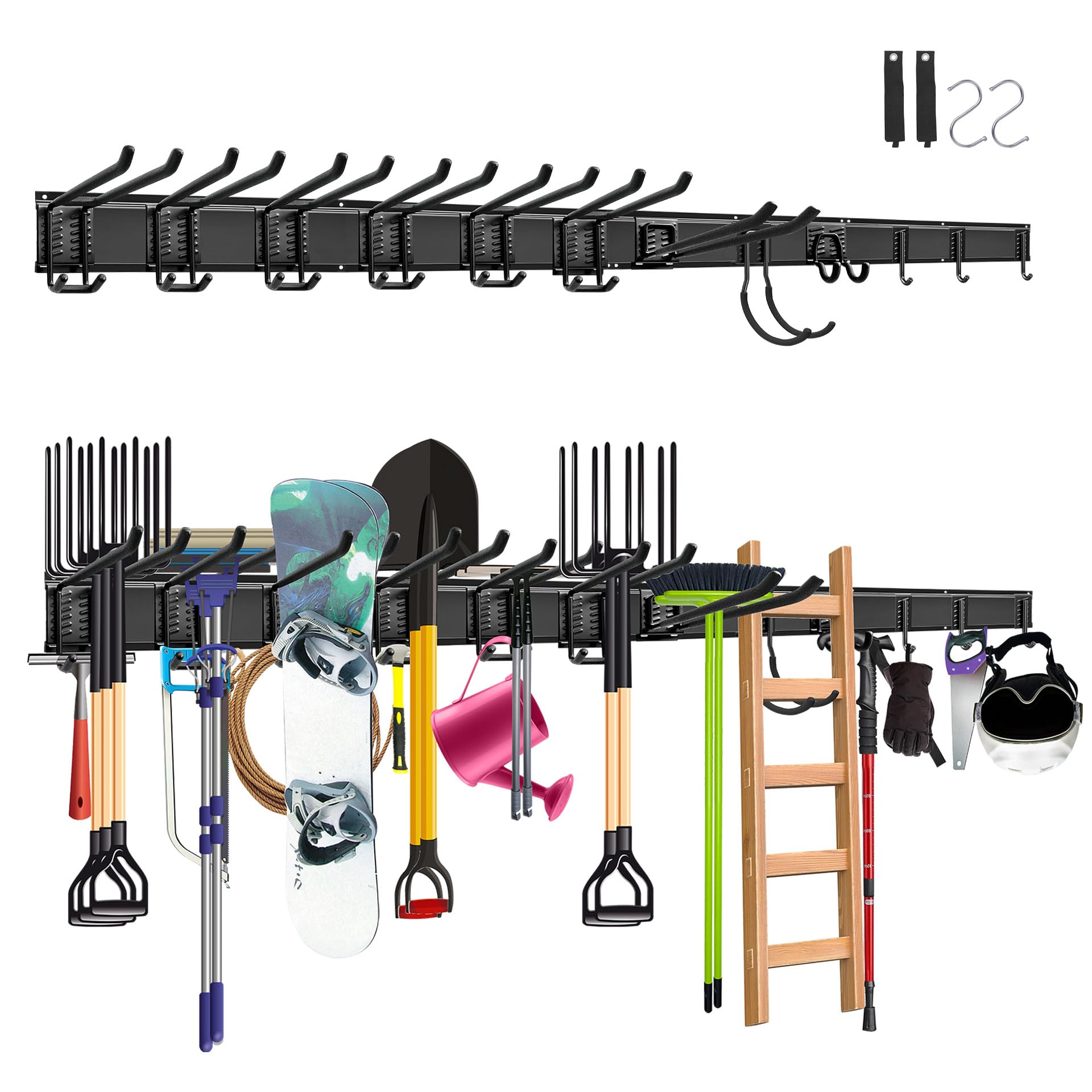Mimoke Wandhalterung für Garage und Garten – 4 Schienen, 12 vielseitige Haken, Gesamtlänge 162 cm, robust und ideal für Gartengeräte