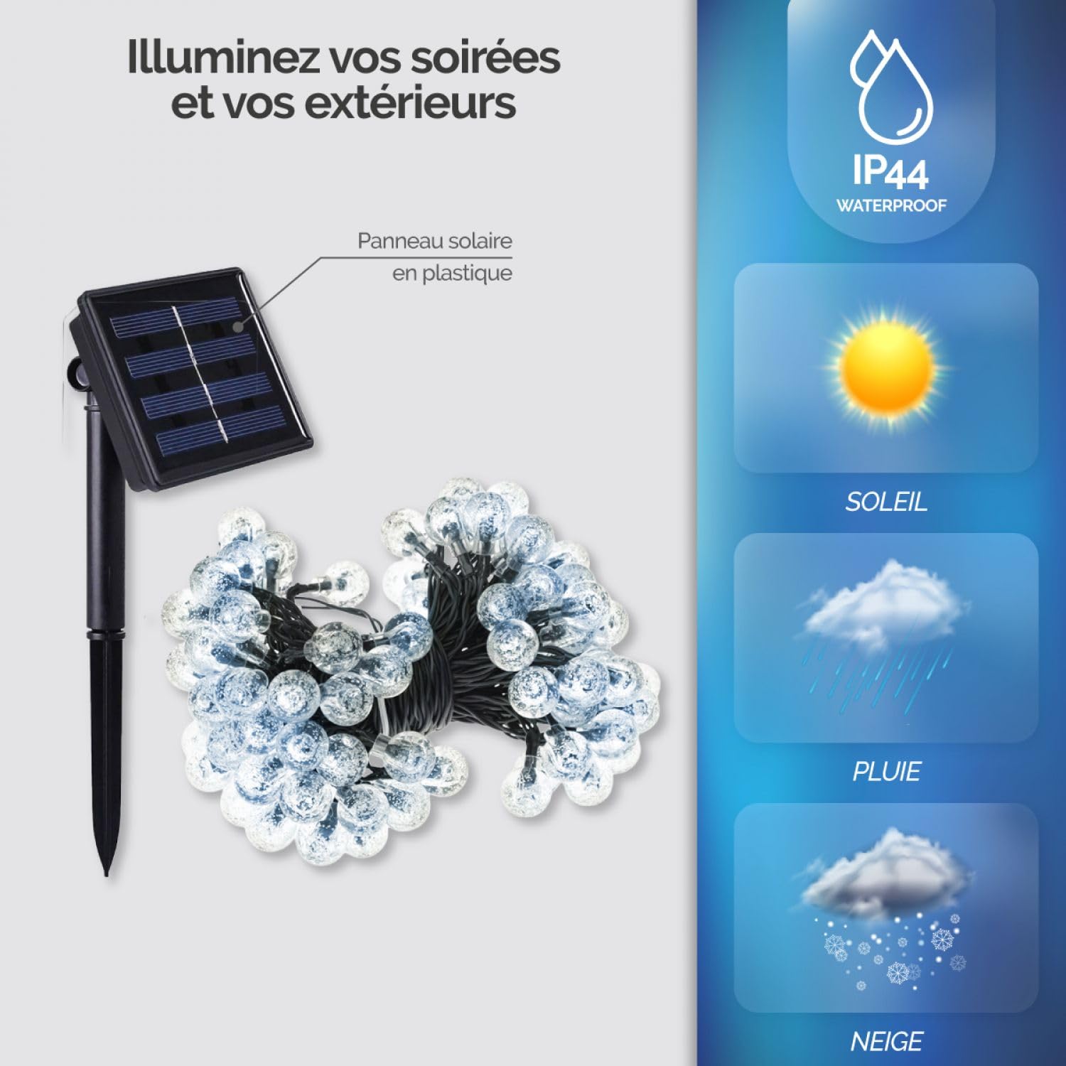 Linxor - Set di 4 ghirlande solari luminose da esterno per giardino o terrazza - Grandi lampadine LED Ø 2,2 cm, 8 modalità - 12 m - Bianco freddo
