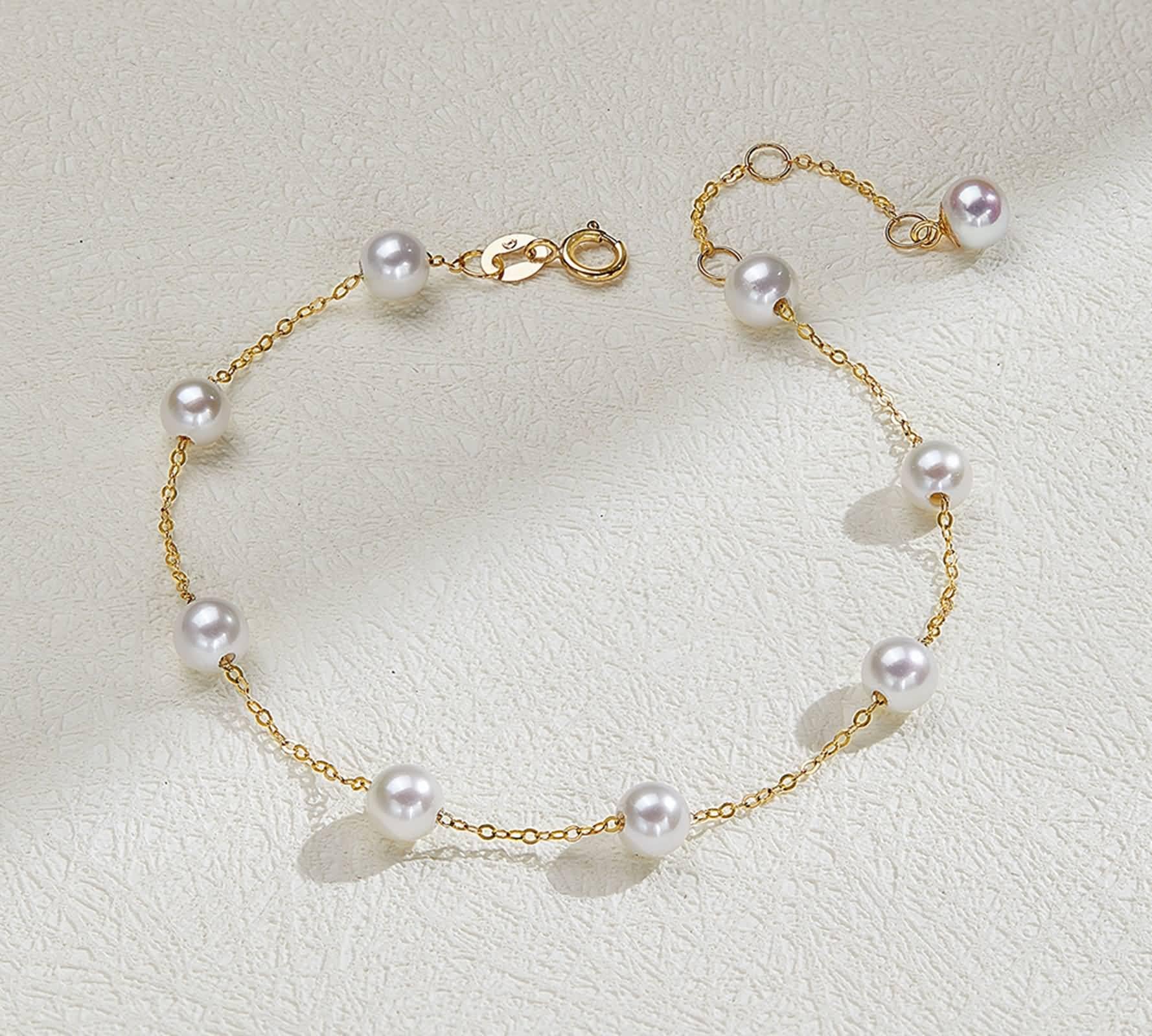 Pulsera de cadena para mujer, cadena de oro amarillo con pulsera de perlas de 4 a 5 mm