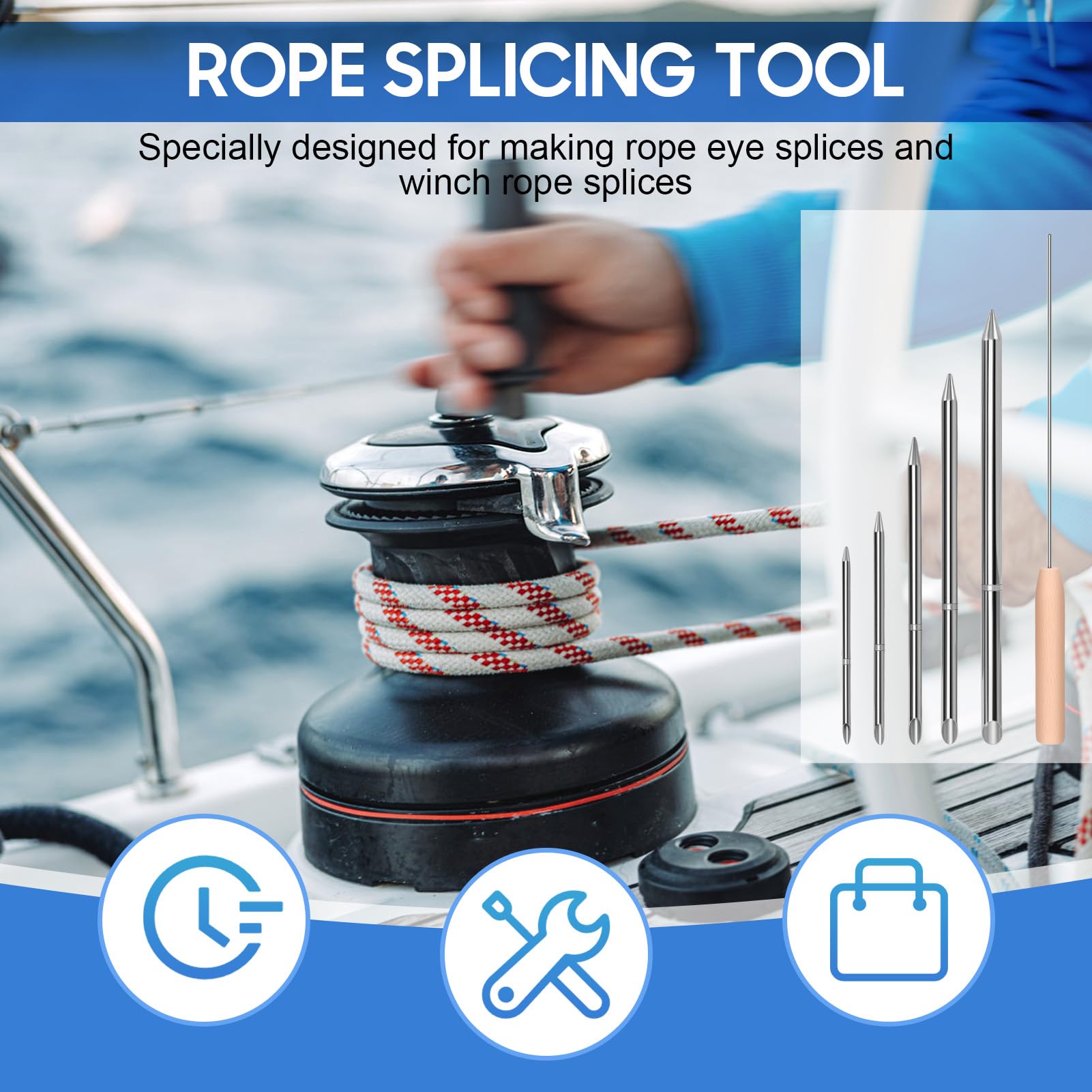 Kit di Attrezzi per Giunzione Corde 7 Pezzi, Kit FID per Giunzione Corde in Acciaio Inossidabile Set di Strumenti per Intreccio Linee Include 5 Misure Fids 6,35mm 7,94mm 9,53mm 11,11mm 12,7mm