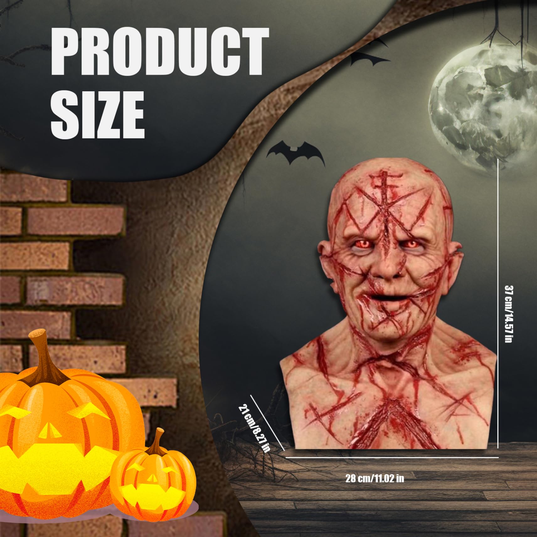 Maschera realistica per testa calva in lattice, maschera horror di Halloween con cicatrici sanguinanti e fori di ventilazione