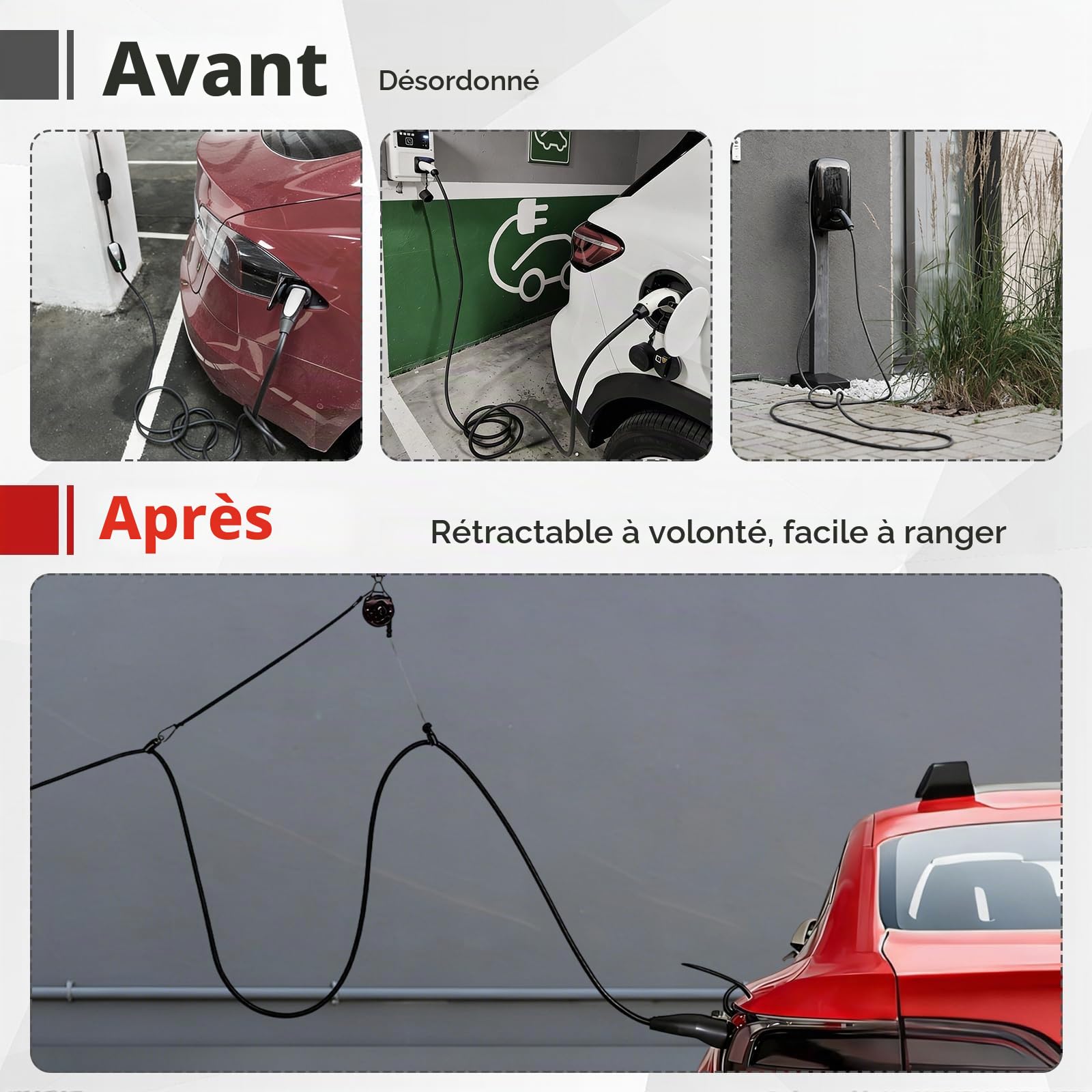 Système de suspension automatique pour câble de charge de voiture électrique – Support de câble de charge sans fil et peu encombrant pour garage, carport, montage au plafond ou au mur