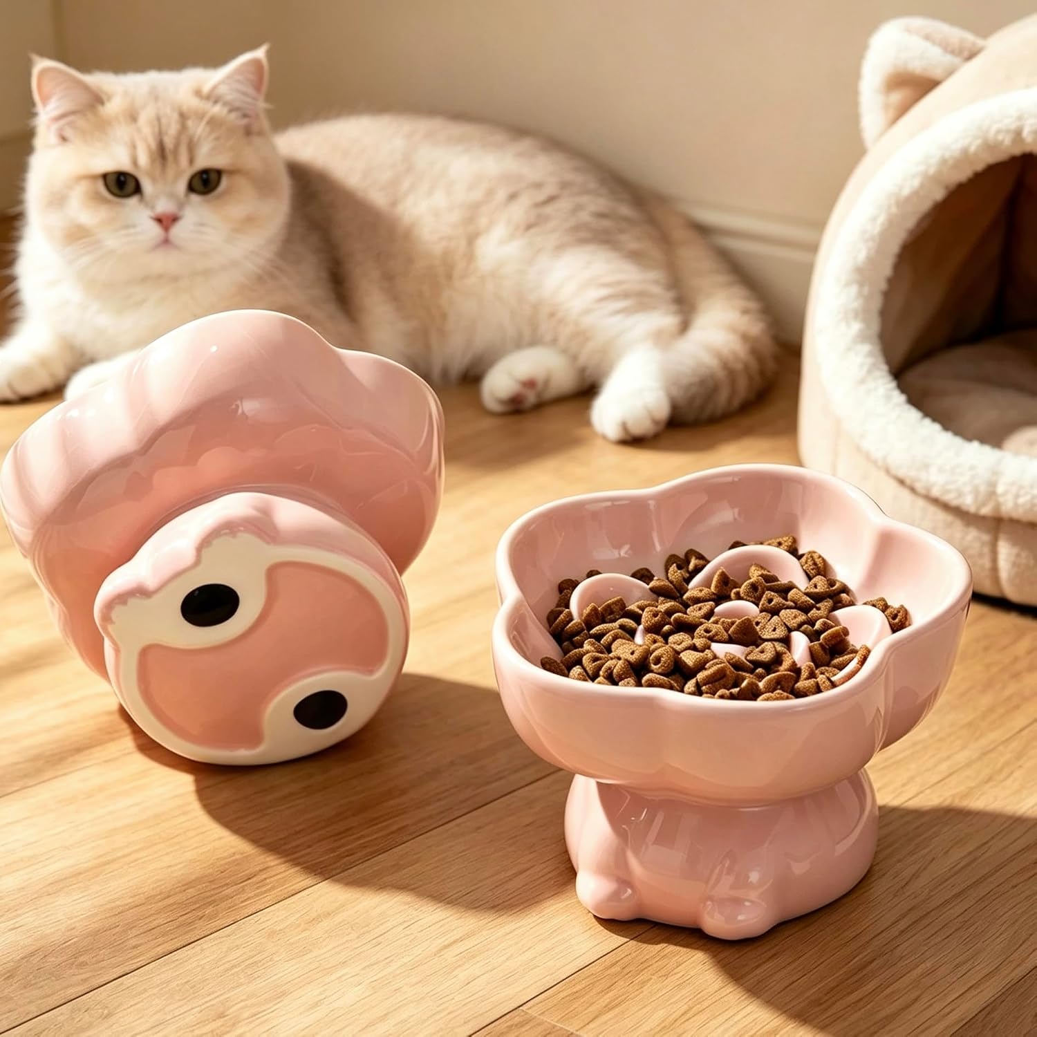 Cute Pink Raised Ceramic Flower Slow Feeder Cat Bowl | Tilted Elevated Design, Anti-Vomiting, Whisker Friendly, Cat Dish for Dry & Wet Food, Cat Paws & Tail