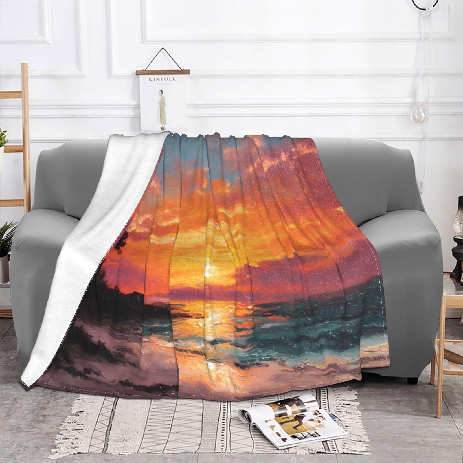 Manta de viaje portátil de 80 x 60 pulgadas, suave, resistente a las arrugas, plegable, exquisita pintura al óleo con estampado de playa