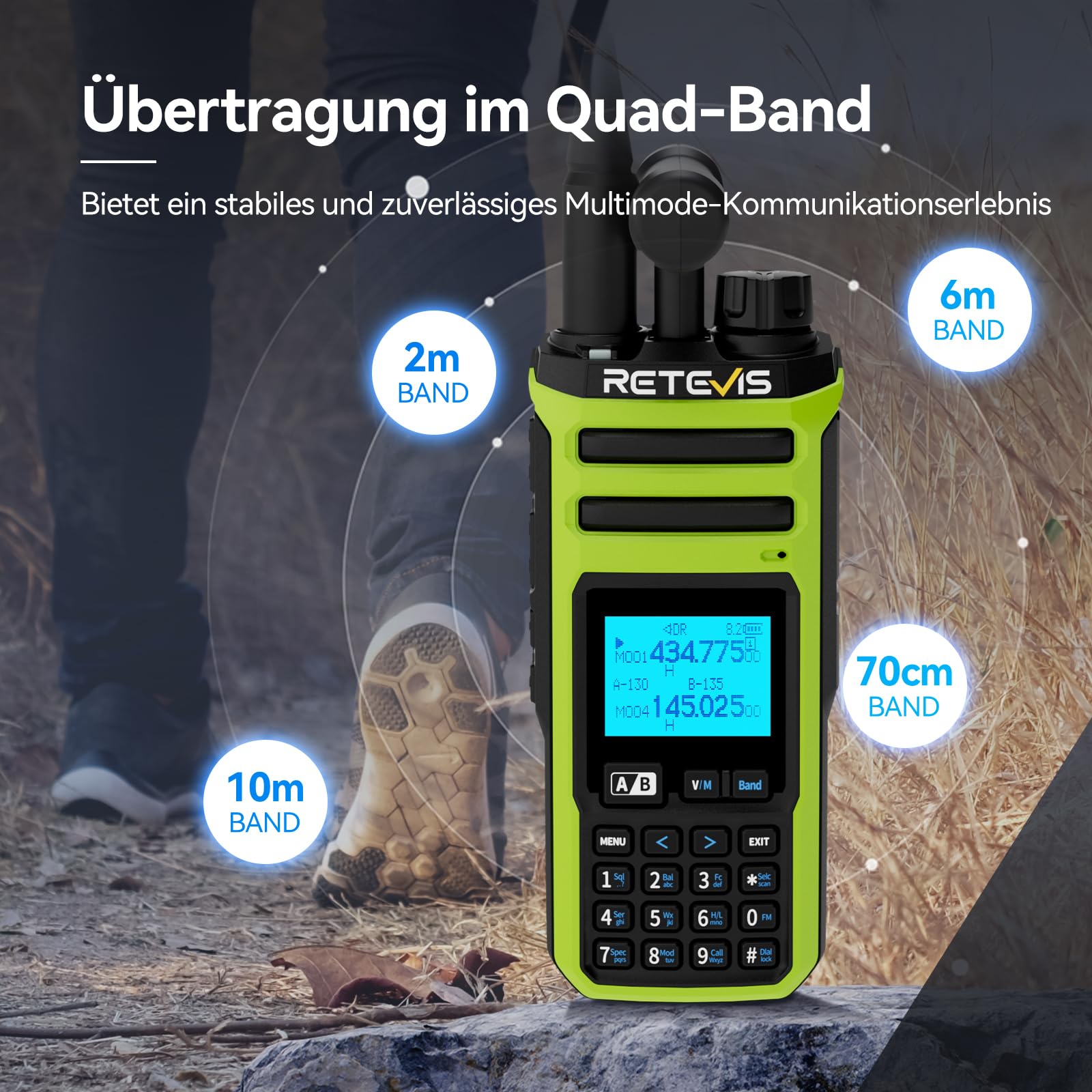 Retevis A3 CB Handfunkgerät Quadband, Funkgeräte mit Große Reichweite, AM/FM/SSB/AIR/CB RX, 999 Kanalnummer, 2500 mAh Akku, VFO Custom, Amateurfunkgerät mit Mikrofon für Reisen und Abenteuer (2 Stück)