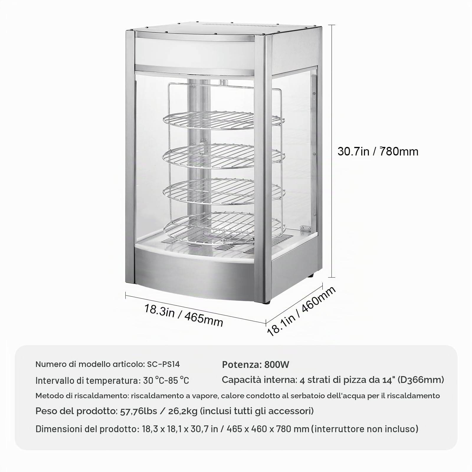 VEVOR Espositore Scaldavivande Commerciale per Pizza 366 mm Scaldavivande a 4 Ripiani con Riscaldamento a Vapore Rotante, Controllo della Temperatura da 30 ℃ a 85 ℃ Luce del Forno 25 W per Pizzeria