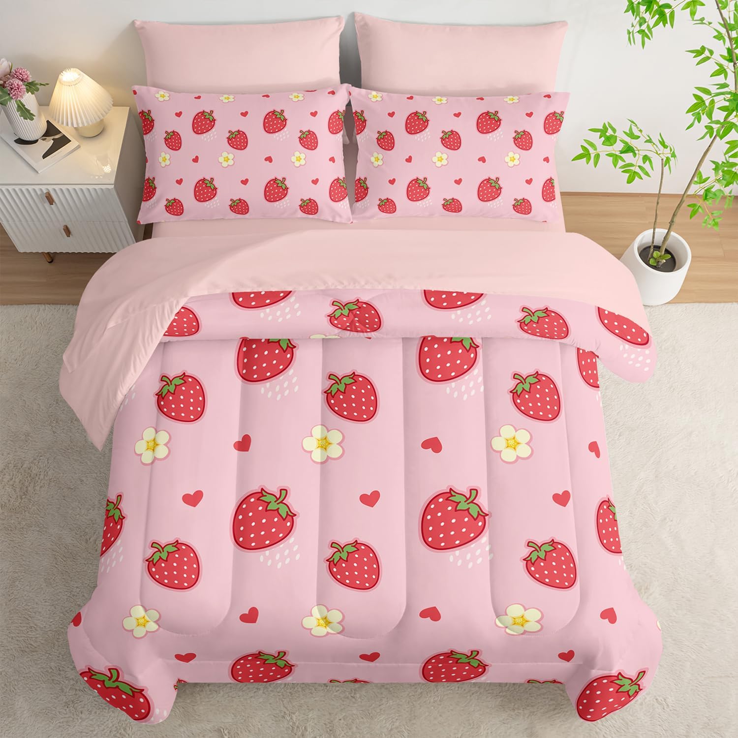Nttopship Cute Strawberry Queen Comforter Set,Light Cute Pink Strawberry Bedding Set 7 Piece in A Bag,Bed Sheet Set Cute Strawberries and Flowers Decor,Microfiber Lightweight All Season image 4