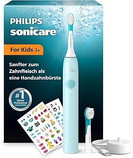 Philips Sonicare for Kids elektrische Kinderzahnbürste - Schallzahnbürste für Kinder ab 3 Jahren, 2 sanfte Putzprogramme, 2-Minuten-Timer, 2 Mini Bürstenköpfe, Blaugrün, Modell HX6500/23