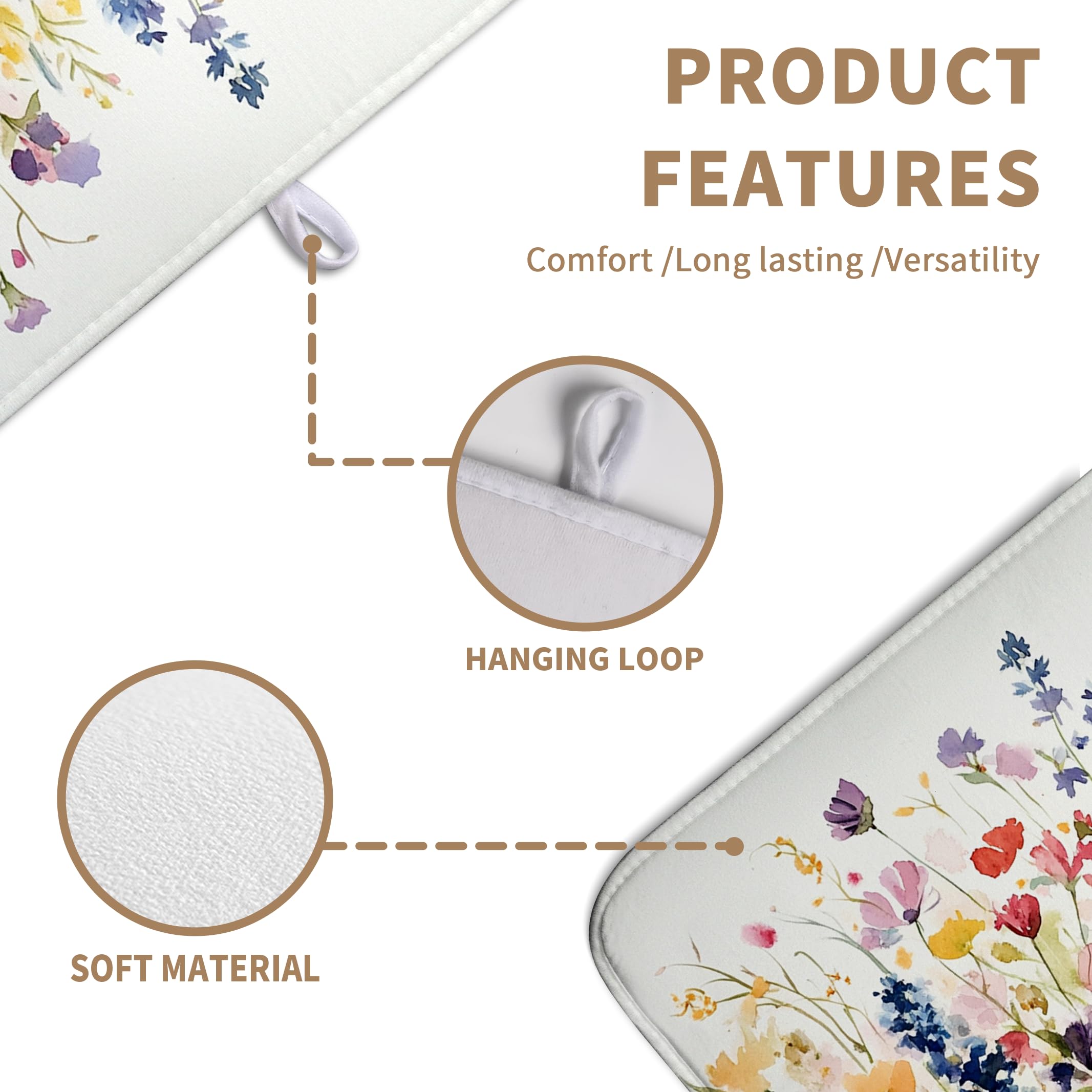 Spring Floral Dish Drying Mat for Kitchen Counter Summer Colorful Flower Kitchen Dishes Dryer Pad Absorbent Matt Microfiber Washable Foldable Reusable Large 18x24 in