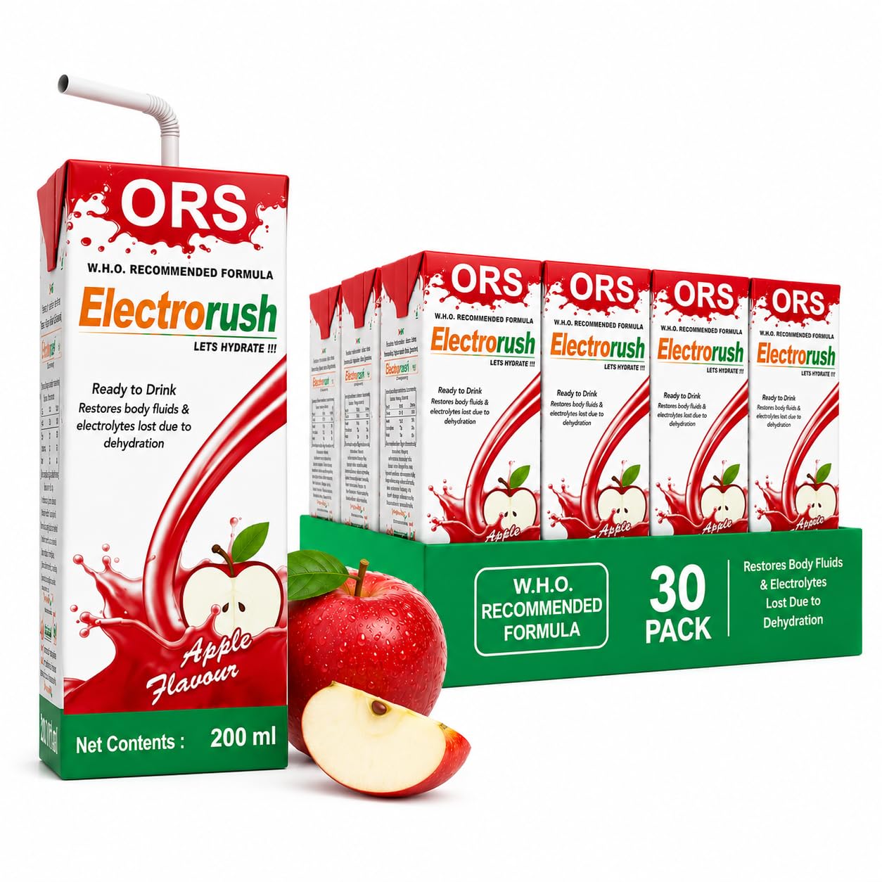 Electrorush Apple ORS Ready-to-Drink 200ml (Pack of 30) | Electrolyte Beverage | Hydration & Rehydration Drink with Sodium, Potassium & Dextrose | Apple Flavour | No Caffeine-image-12
