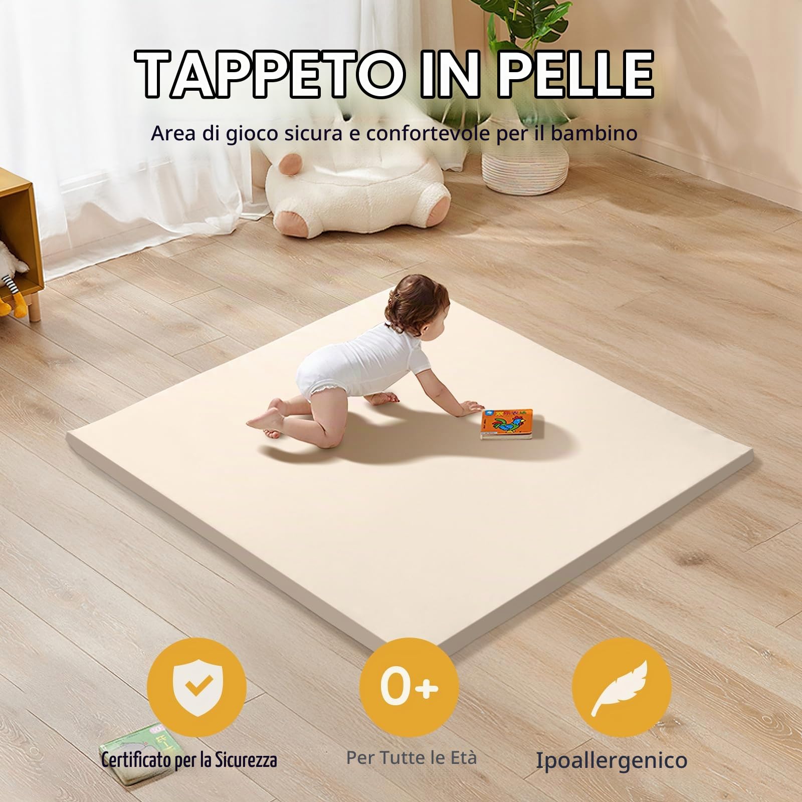 Pelle Tappeto Gioco Bambini: 125x125x3cm Extra Spesso Tappeto Gioco Neonato - Morbido e Impermeabile Tummy Time Neonati