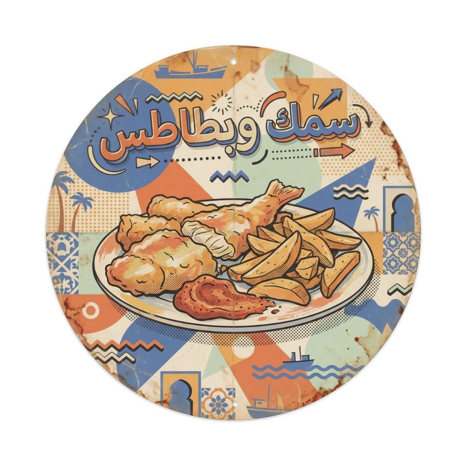 North African Fried Fish Coastal Food Geometric Memphis Metal Tin Sign