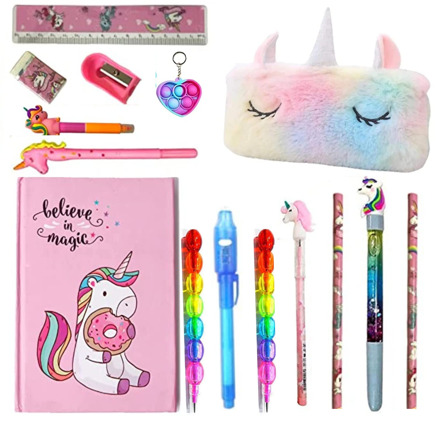 Taufa Villa Unicorn Fur Stationery Combo Set Unicorn Pencil Pouch Diary With Stationeries For Kids Birthday Return Gifts For Girls Unicorn Popit Key Chain (Random Design, Pack Of 15, Multicolor) (B0BW7GCNJH) Amazon Price History, Amazon Price Tracker
