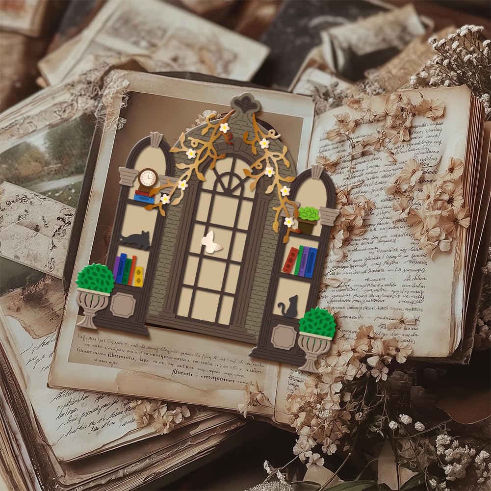 GLOBLELAND Library Window Frame Cutting Dies for DIY Scrapbooking Metal Books Flowers Cut Dies Cat Die Cuts for Card Making Embossing Photo Album Craft Decor - Image 3