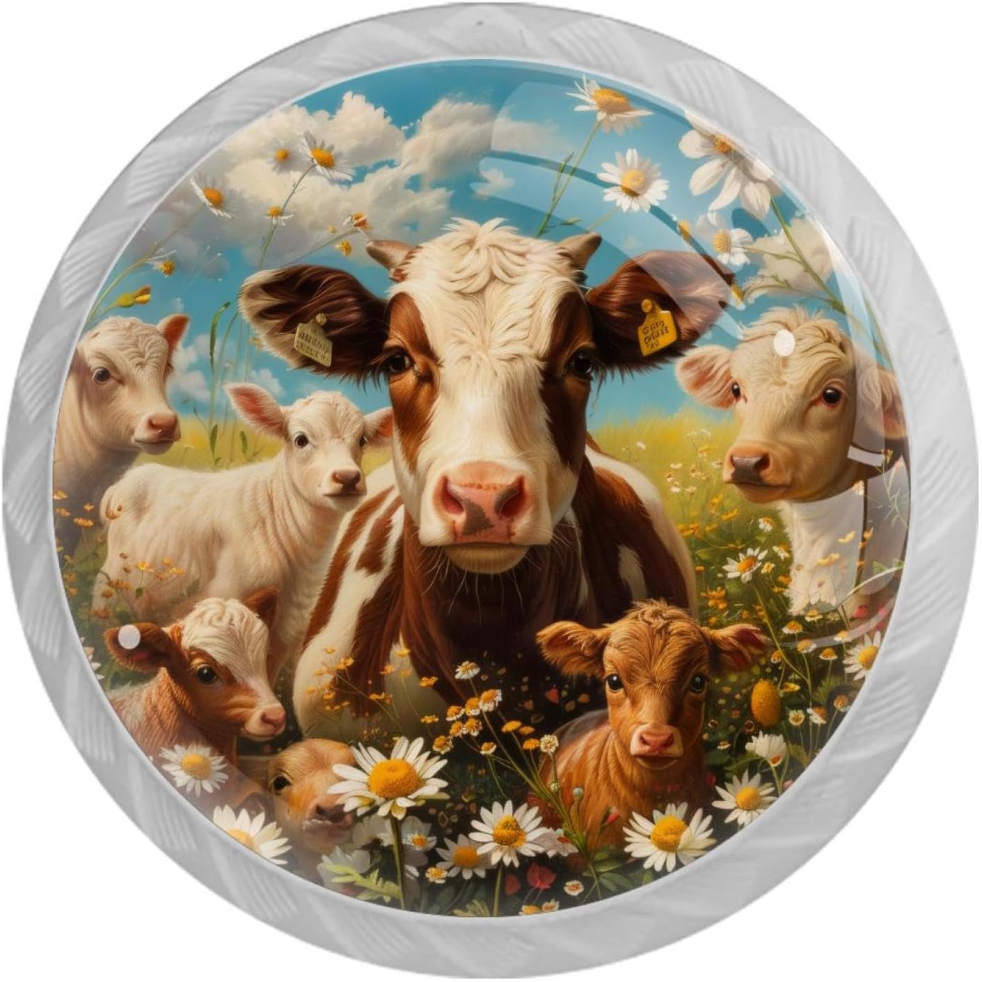 NEWzone 4 Pack Knobs Farm Animals Daisy Flower, White