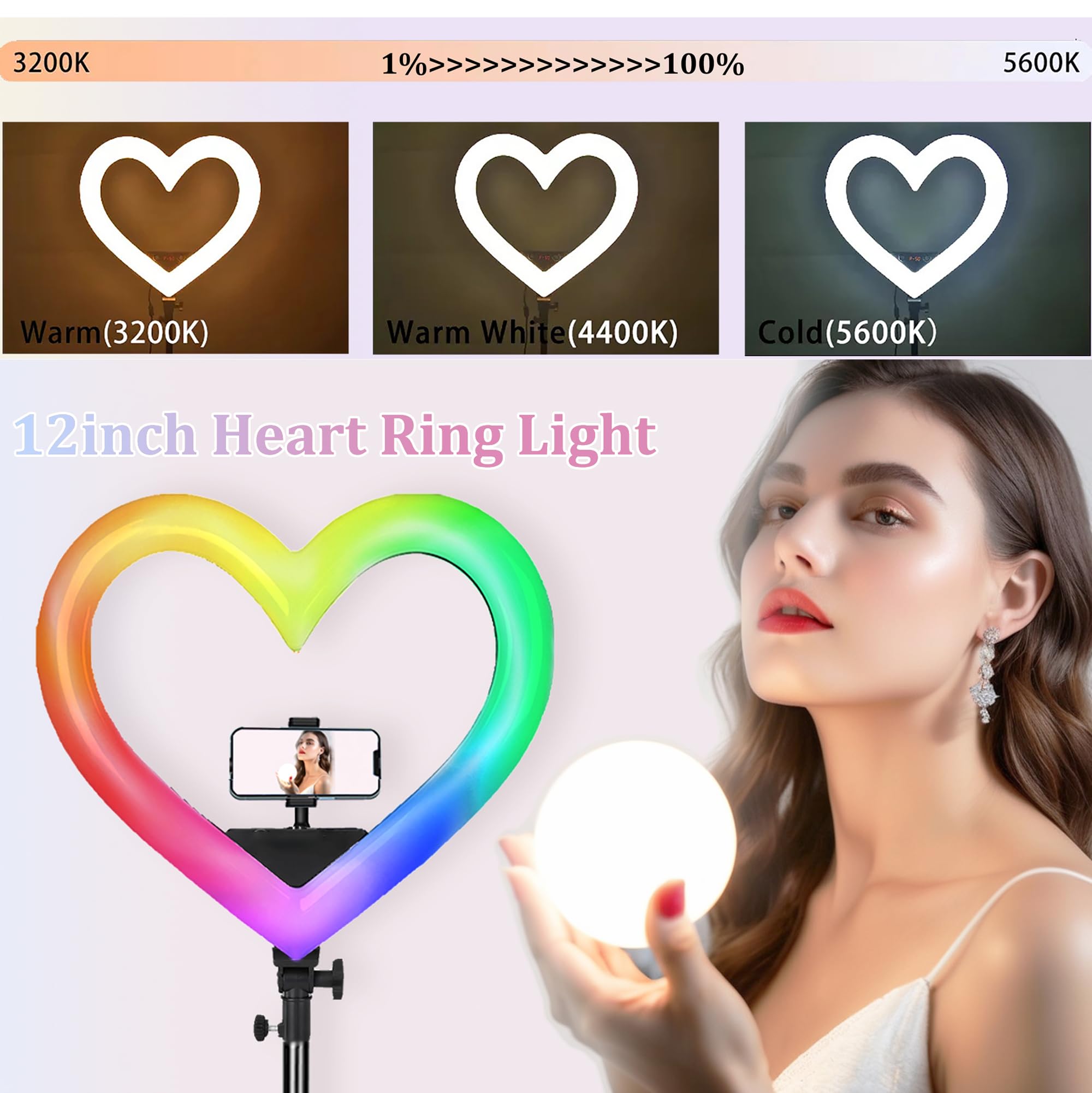 Ringlicht in Herzform, 30,5 cm (12 Zoll), RGB, LED, Herzform, mit Handyhalterung für Live-Stream/Make-up, kompatibel mit allen Smartphones