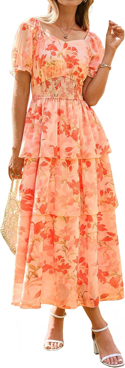 Simplee Womens Floral Wedding Guest Maxi Dress 2026 Summer Puff Short Sleeve Ruffle Tiered Flowy Long Party Dresses