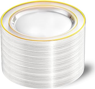 I00000 60PCS Clear Gold Plastic Plates, Clear Plates With Gold Rim 10 Inch,Fancy Disposable Wedding Plate Heavy Duty Plastic Plate for Birthday, Wedding & Party