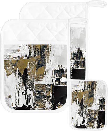 Juego de 2 agarraderas de tela de rizo de color abstracto para cocina, antideslizante y aislante de calor, con bolsillo, guantes gruesos para horno,
