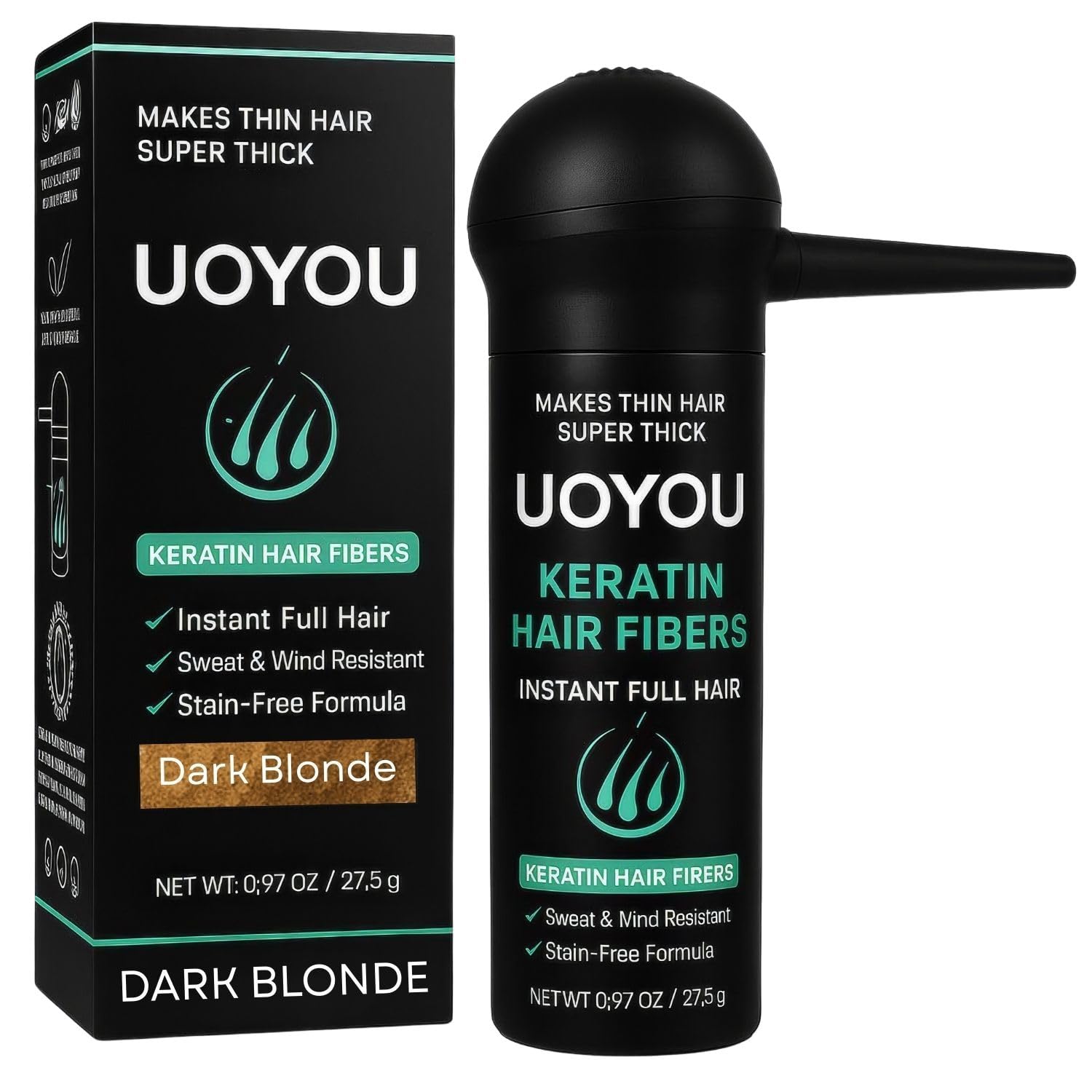 UOYOU DARK BLONDE Hair Fibers for Thinning Hair 27.5g Bottle with Applicator | Natural Keratin Hair Fibers Concealer for Hair Loss for Men and Women |