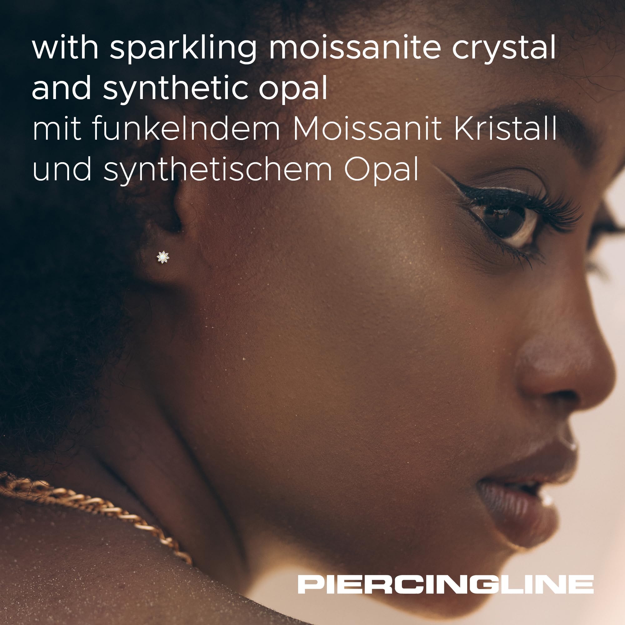 PIERCINGLINE 14 Karat Gold Ohr-Piercing Labret mit Innengewinde MOISSANIT-BLUME + synth OPAL Farb & Größenauswahl