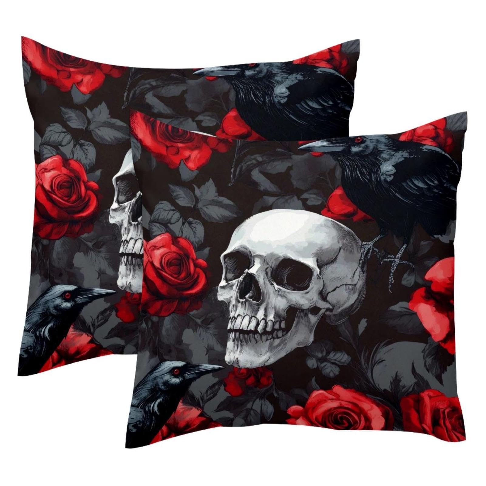 Fundas de cojín calavera cuervo rosas rojas de doble cara 50x50cm