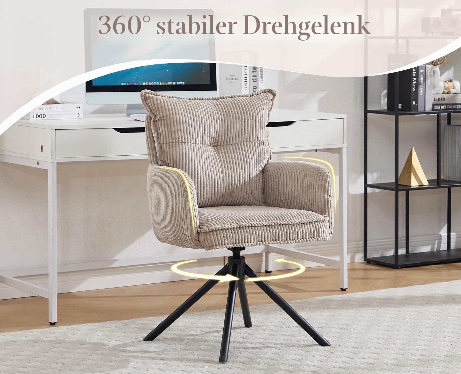 Ya-Home Modern Bürostuhl 360° drehbar mit Armlehnen Kordsamt, Grau