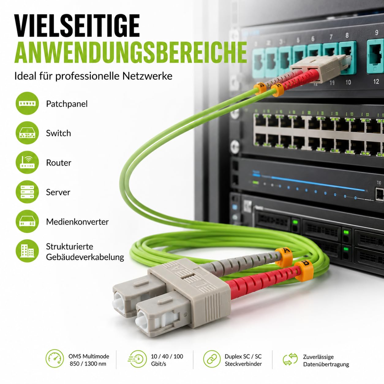 1 câble de brassage duplex OM5 LWL DX de 30 m, SC/UPC - SC/UPC MM multimode - 50/125 µm LSZH vert citron
