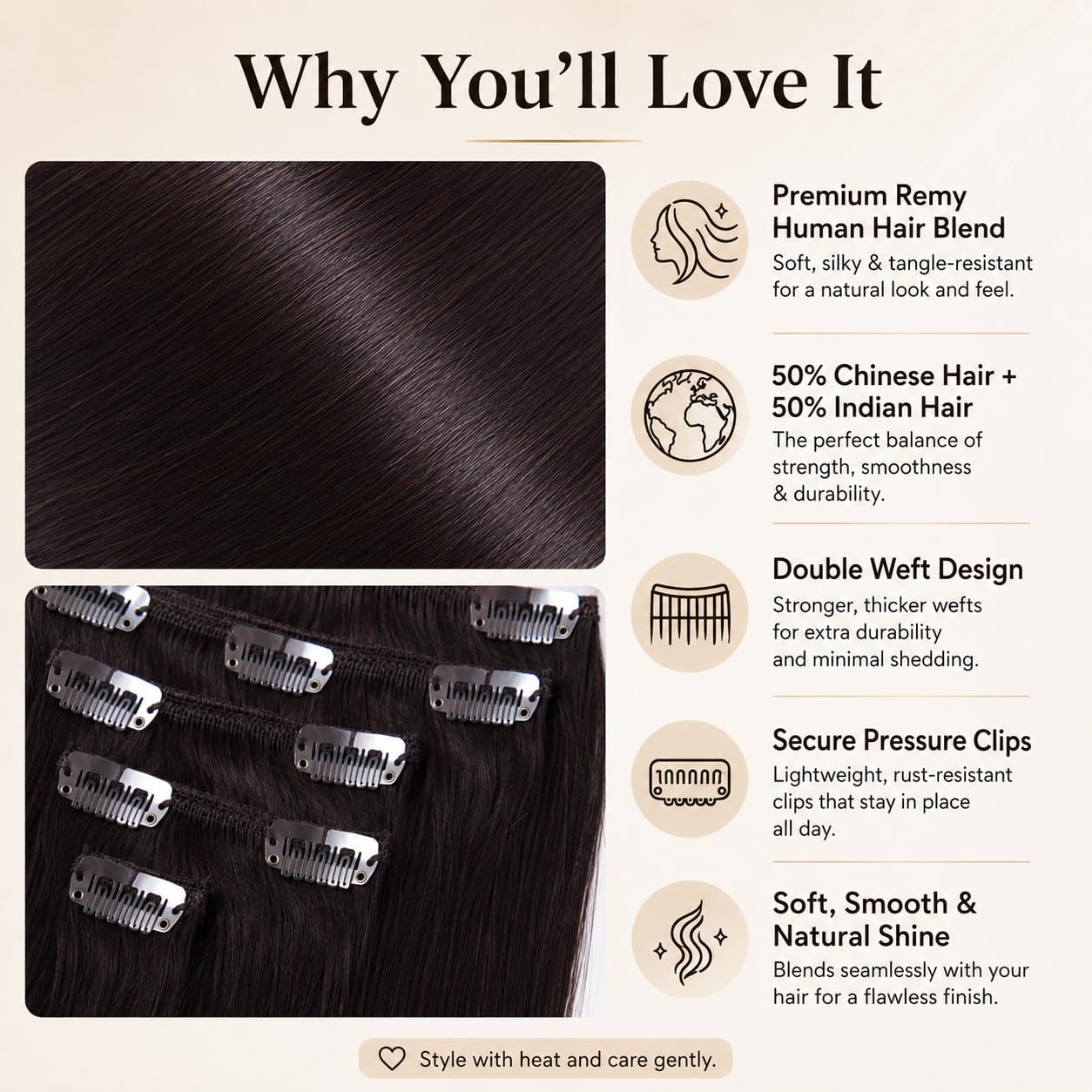 18 Inch Clip in Human Hair Extensions, 10pcs 100g Straight Remy Hair, Color 2 Espresso Double Weft Clip Ins for Women, Finished Length 20 Inch