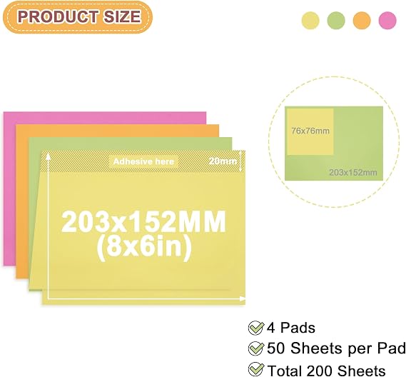 8 x 6 in Sticky Notes Extra Large,200 Sheets(50/pad) Self-Stick Pads,4 Brilliant Colors Strong Sticky Pads,203 x 152 mm Easy to for to-do Lists,Task Tracking,Brainstorming,Back to School