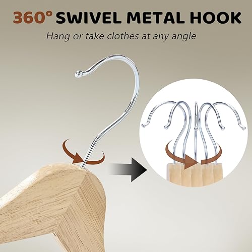 Miniatura 6 de Perchas de madera, paquete de 30 perchas de madera con gancho giratorio de 360 grados y barra antideslizante para pantalones, acabado liso para